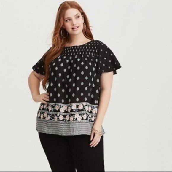 Torrid Border Print Smocked Challis Blouse Top Black Floral 0x - Picture 1 of 7